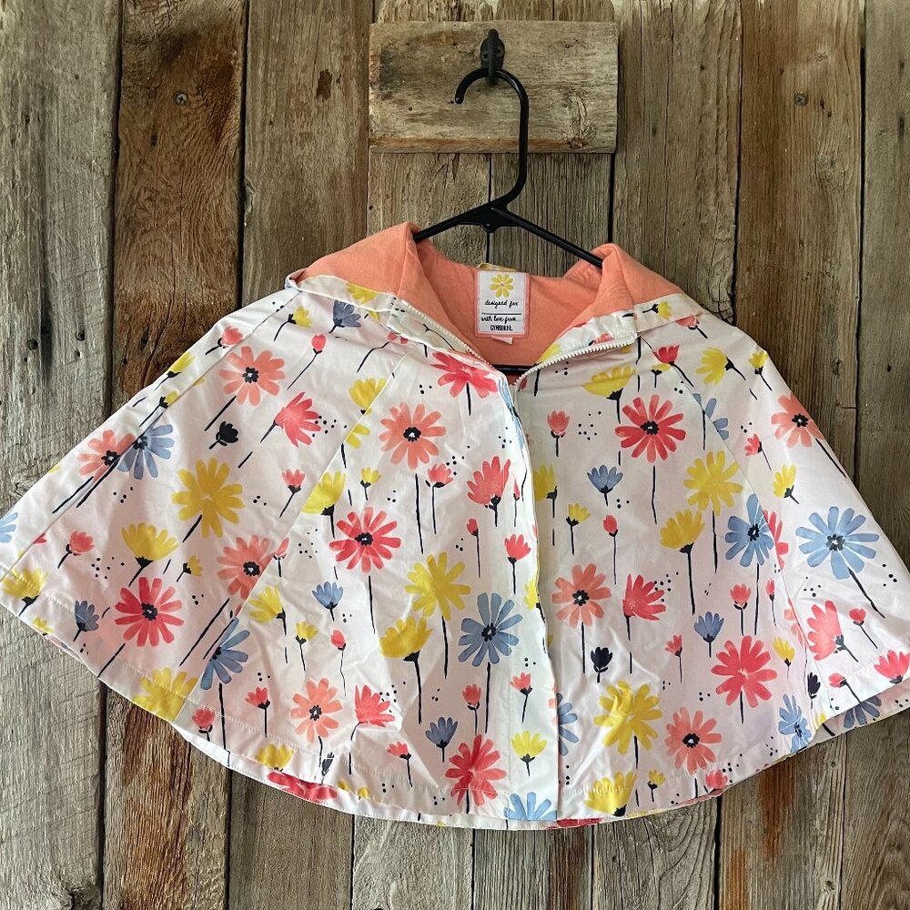 GYMBOREE Rain Poncho Cape 8T Hood Floral Print‎ Orange Yellow Blue Zipper Velcro